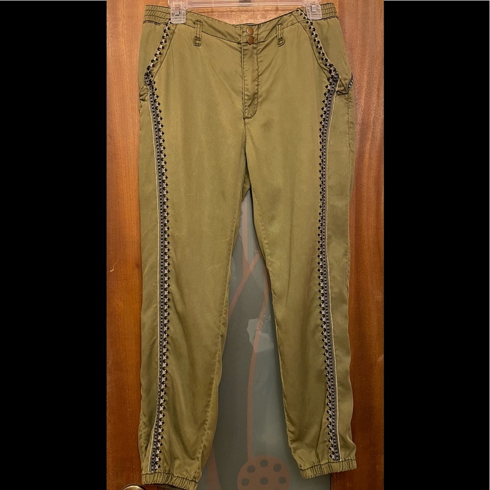 Anthropologie Womens Army Green Elastic Ankle Embroidered Pants